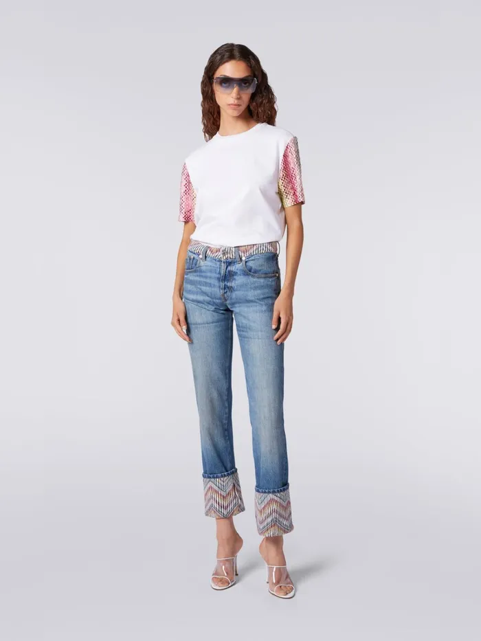 Women Cotton CrewNeck TShirt With Knitted Inserts White Missoni Tshirts And Tops