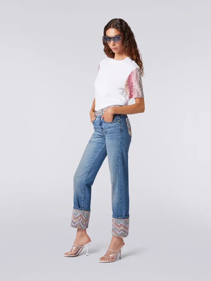 Women Cotton CrewNeck TShirt With Knitted Inserts White Missoni Tshirts And Tops