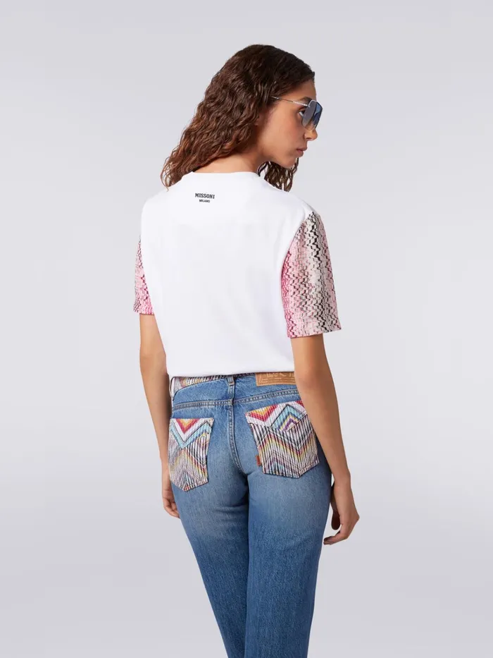 Women Cotton CrewNeck TShirt With Knitted Inserts White Missoni Tshirts And Tops