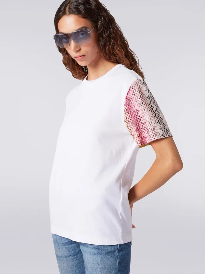 Women Cotton CrewNeck TShirt With Knitted Inserts White Missoni Tshirts And Tops