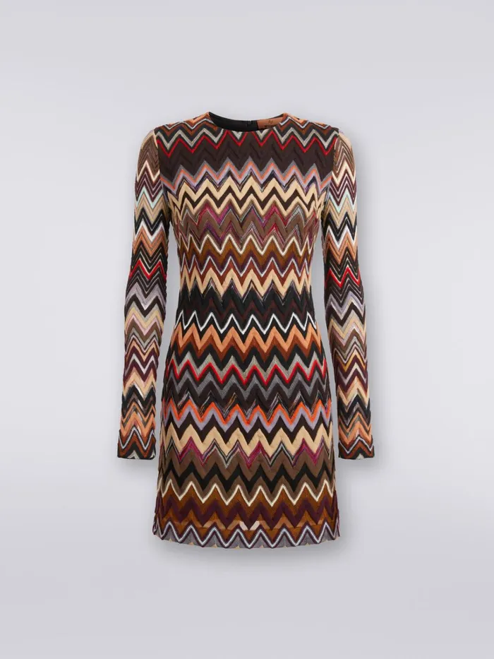 Women CrewNeck Wool And Viscose Mini Dress With Zigzag Pattern Multicoloured Missoni Dresses