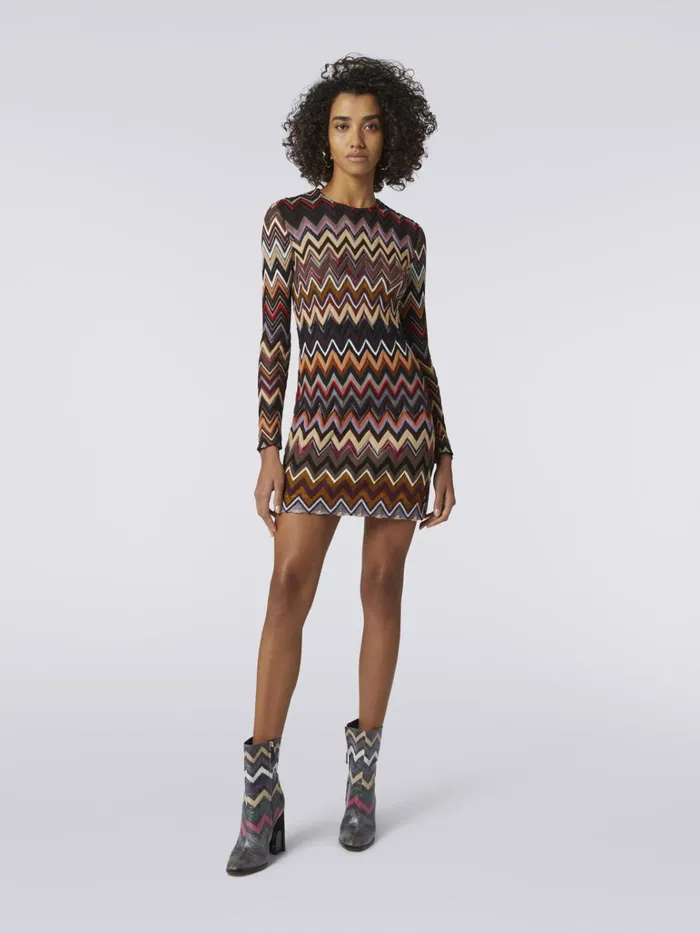 Women CrewNeck Wool And Viscose Mini Dress With Zigzag Pattern Multicoloured Missoni Dresses Women CrewNeck Wool And Viscose Mini Dress With Zigzag Pattern Multicoloured Missoni Dresses