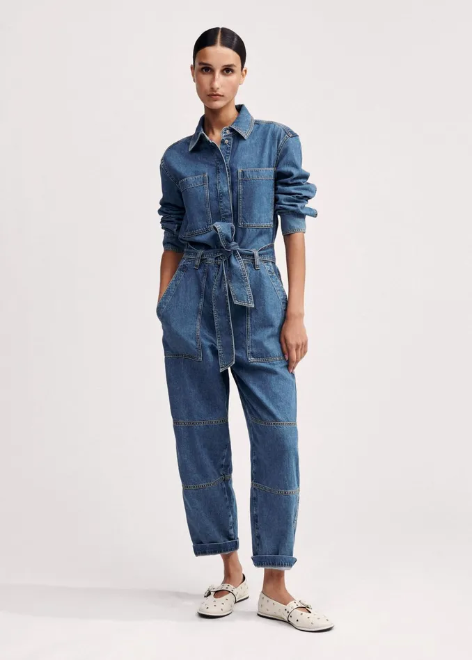 Women Denim Jumpsuit Belt Mid Blue Denim MEEM