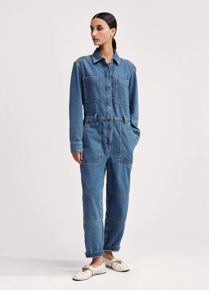 Women Denim Jumpsuit Belt Mid Blue Denim MEEM