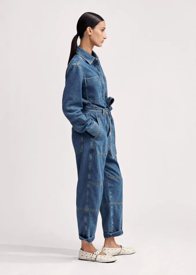Women Denim Jumpsuit Belt Mid Blue Denim MEEM