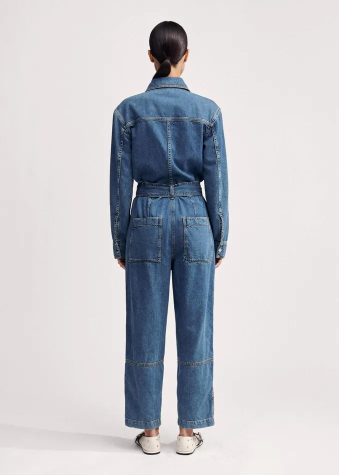 Women Denim Jumpsuit Belt Mid Blue Denim MEEM