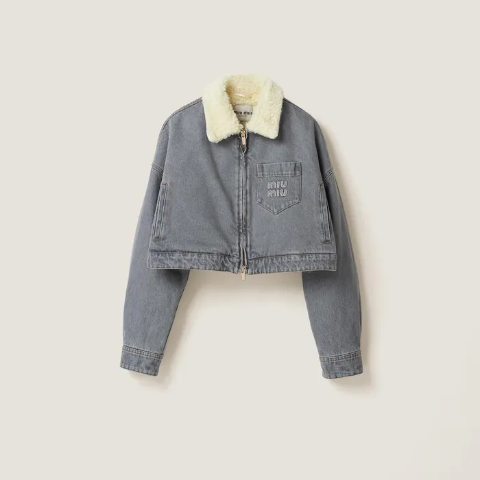 Women Denim Miu Miu Embroidered Denim Blouson Jacket Grey