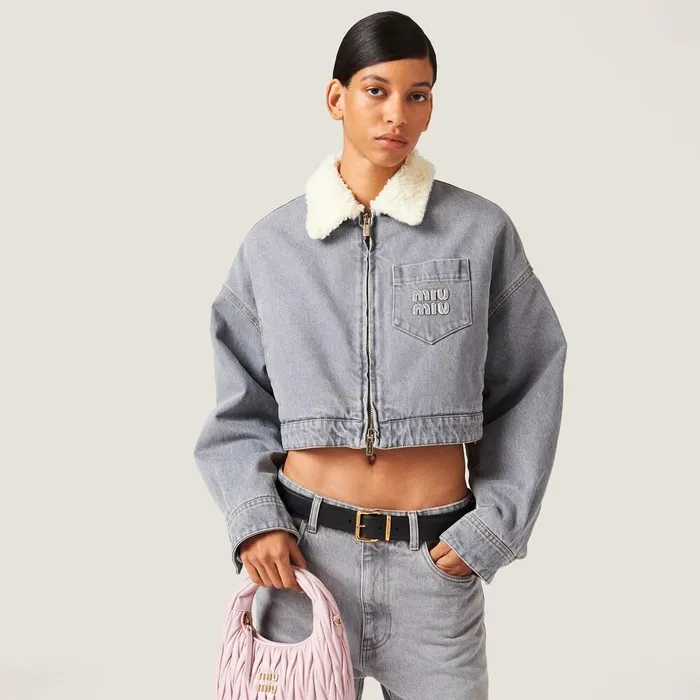 Women Denim Miu Miu Embroidered Denim Blouson Jacket Grey Women Denim Miu Miu Embroidered Denim Blouson Jacket Grey