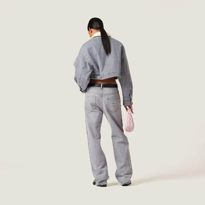 Women Denim Miu Miu Embroidered Denim Blouson Jacket Grey Women Denim Miu Miu Embroidered Denim Blouson Jacket Grey