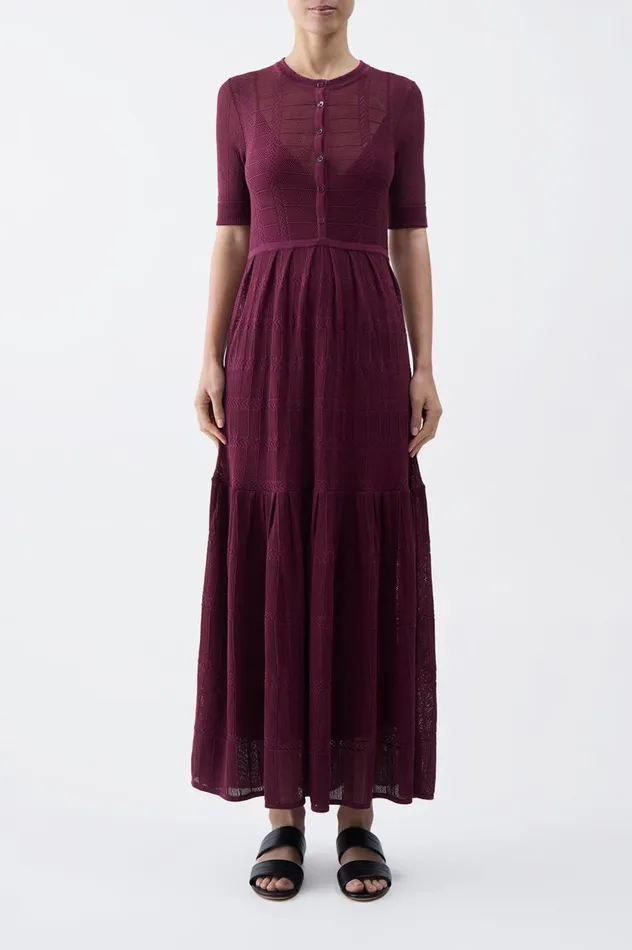 Women Dresses Gabriela Hearst Iris Pointelle Knit Pleated Dress With Slip In Bordeaux Cotton Silk