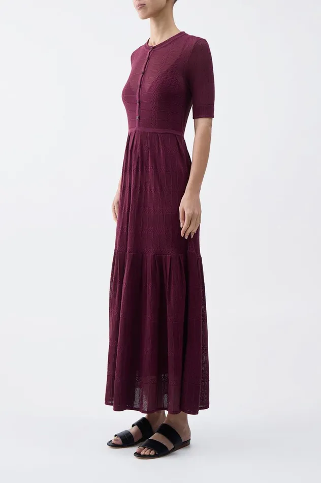 Women Dresses Gabriela Hearst Iris Pointelle Knit Pleated Dress With Slip In Bordeaux Cotton Silk