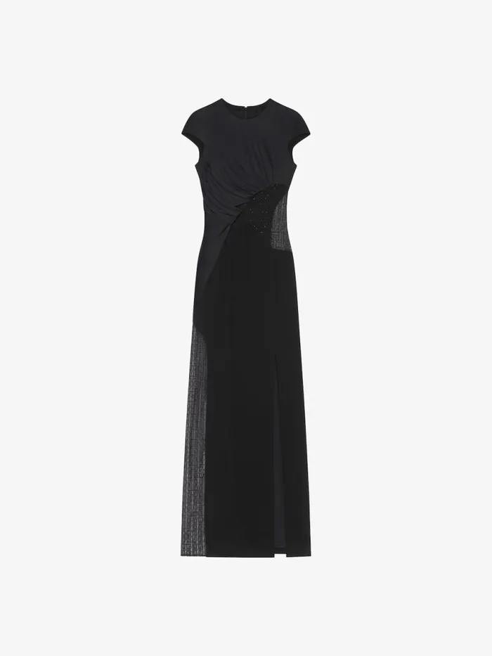 Women Dresses Givenchy Evening Satin Dress And 4G Lace With Rhinestones Black
