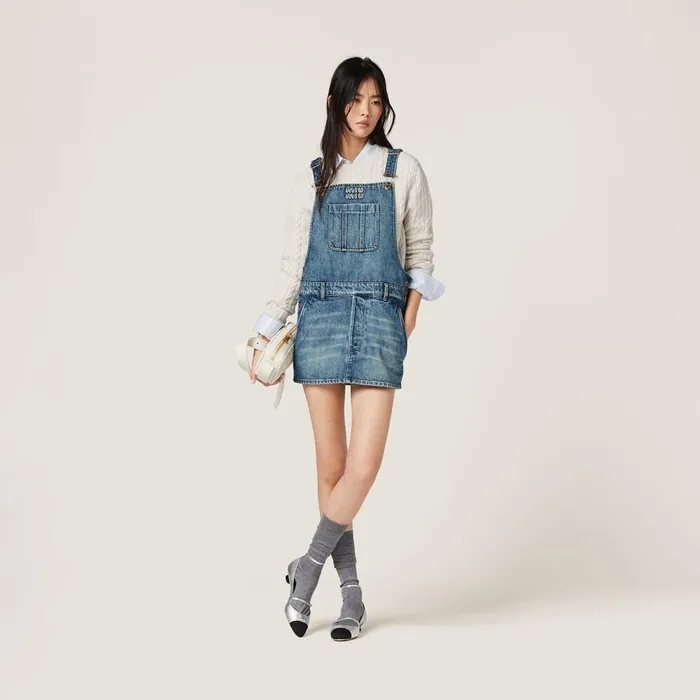 Women Dresses Miu Miu Denim Bib Minidress Navy Women Dresses Miu Miu Denim Bib Minidress Navy