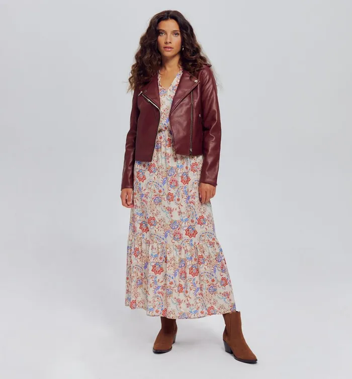 Women Faux Leather Jacket 8211 Bordeaux Red Promod Jackets Women Faux Leather Jacket 8211 Bordeaux Red Promod Jackets