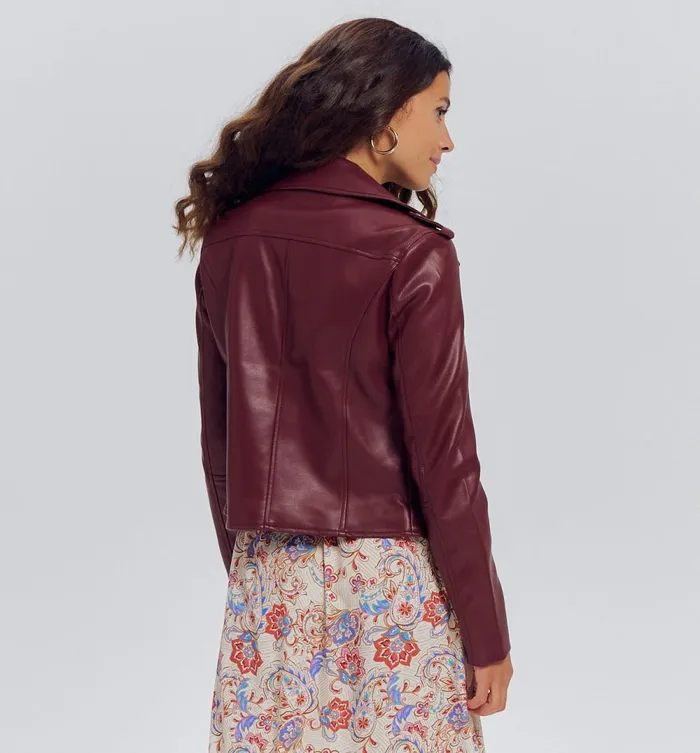 Women Faux Leather Jacket 8211 Bordeaux Red Promod Jackets Women Faux Leather Jacket 8211 Bordeaux Red Promod Jackets
