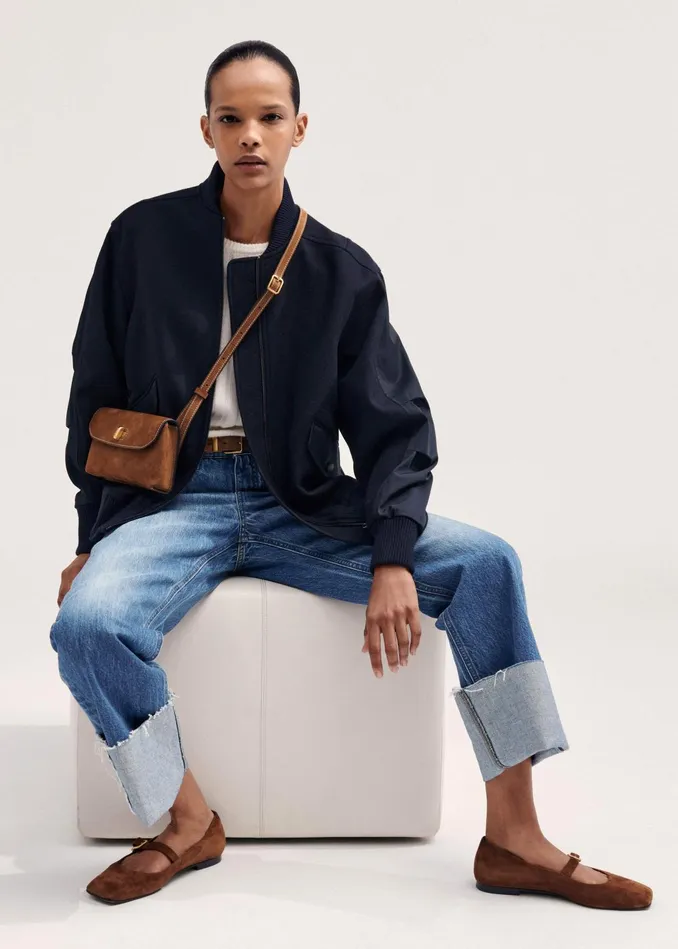 Women Flannel Mix Deconstructed Bomber Jacket Navy MEEM