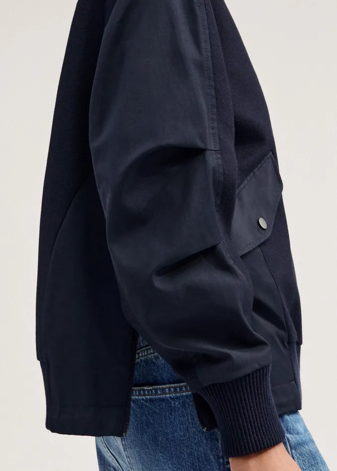 Women Flannel Mix Deconstructed Bomber Jacket Navy MEEM