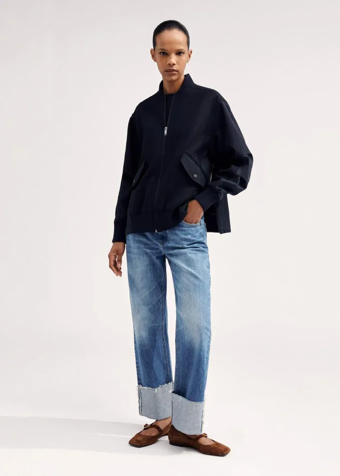 Women Flannel Mix Deconstructed Bomber Jacket Navy MEEM