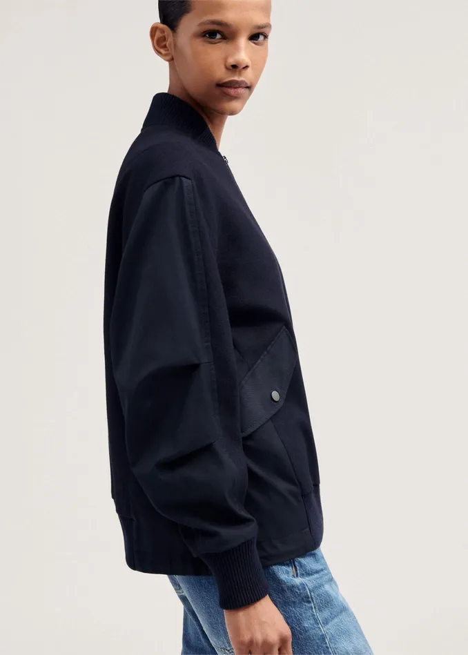 Women Flannel Mix Deconstructed Bomber Jacket Navy MEEM