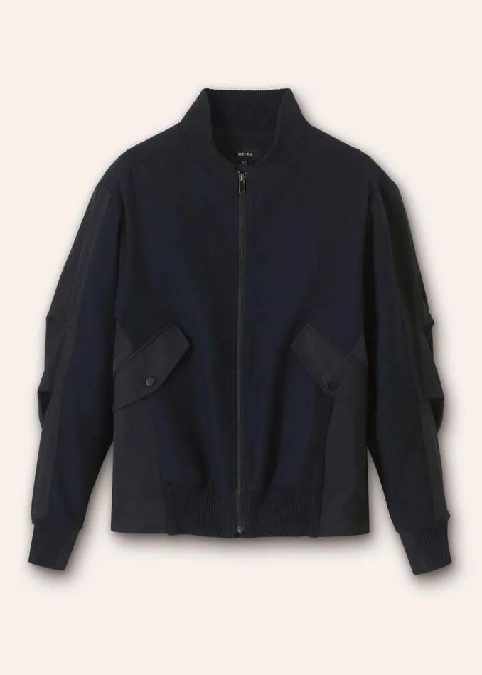 Women Flannel Mix Deconstructed Bomber Jacket Navy MEEM