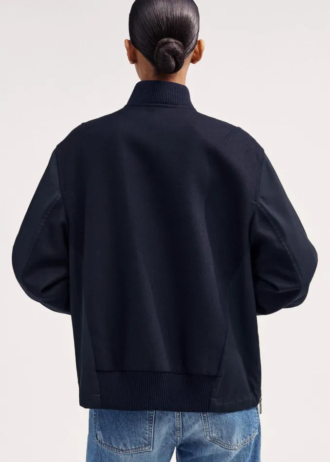 Women Flannel Mix Deconstructed Bomber Jacket Navy MEEM