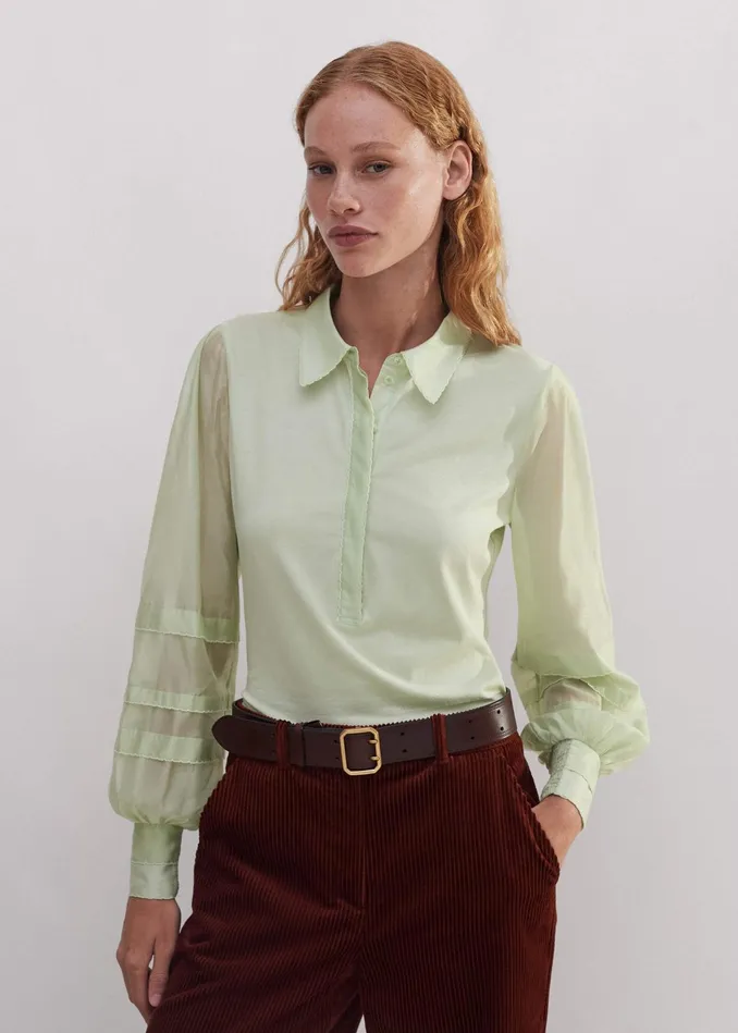 Women Fluid Scallop Detail Layering Shirt Pistachio MEEM