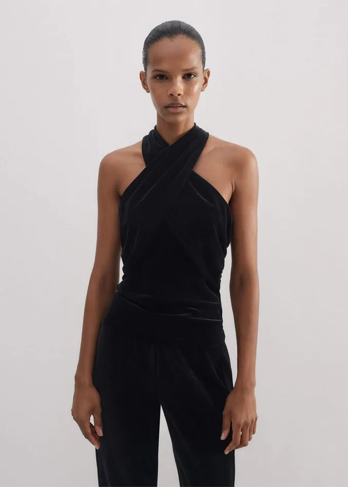 Women Fluid Velour Halterneck Top Black MEEM