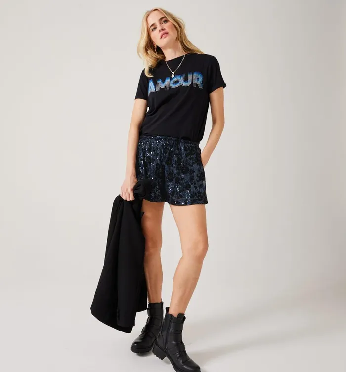 Women Glitzy Sequin Shorts 8211 Navy Blue Print Promod Shorts Women Glitzy Sequin Shorts 8211 Navy Blue Print Promod Shorts