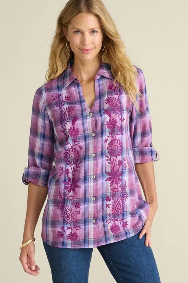 Women Gracie Embroidered Plaid Big Shirt Bay Area Plaid Soft Surroundings Tops