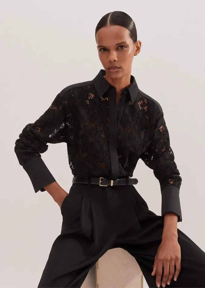 Women Guipure Lace Crop Shirt Black MEEM
