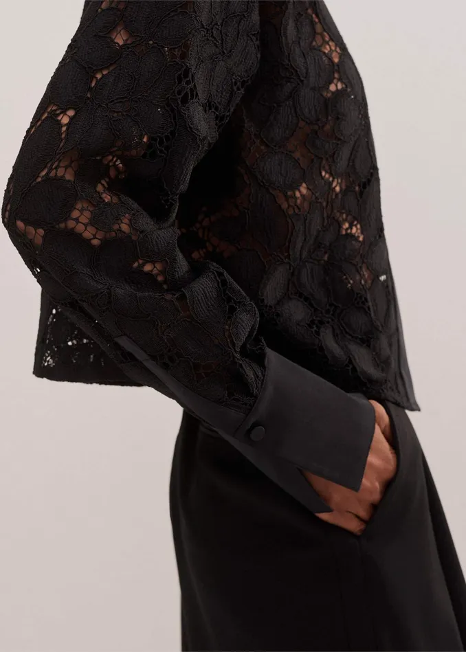 Women Guipure Lace Crop Shirt Black MEEM