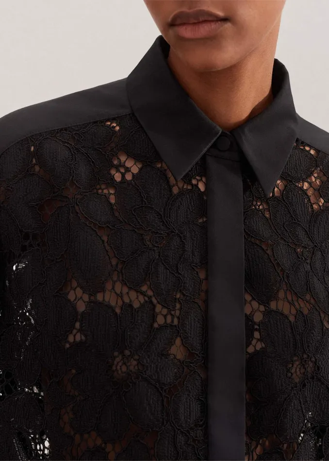 Women Guipure Lace Crop Shirt Black MEEM