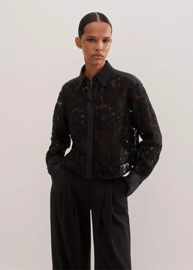 Women Guipure Lace Crop Shirt Black MEEM
