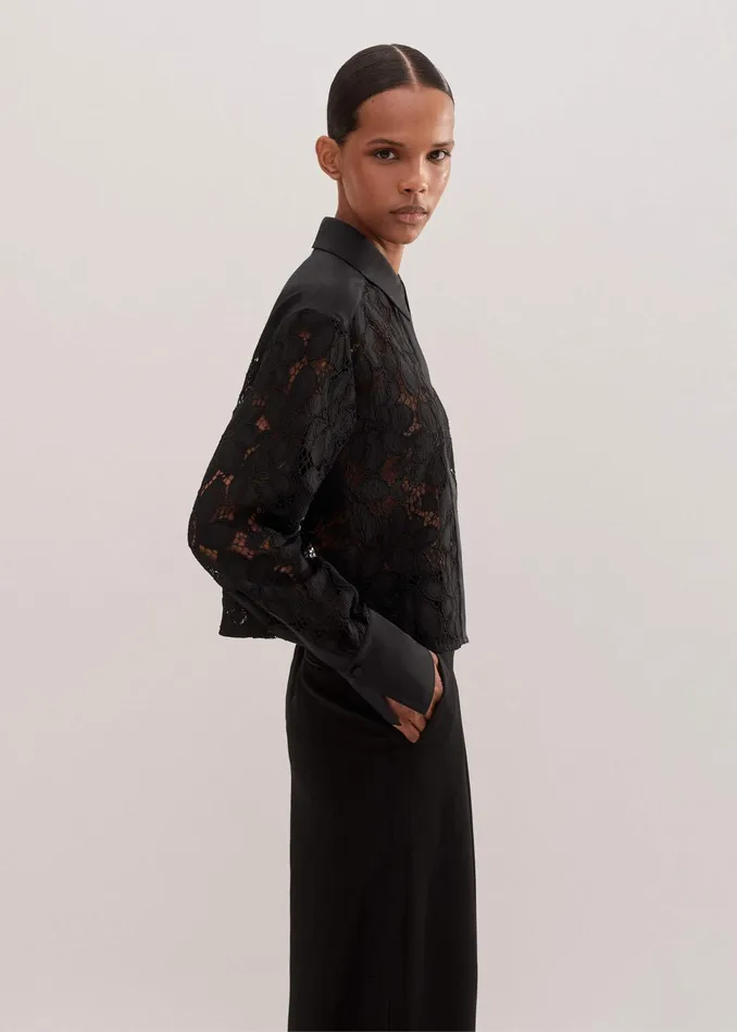 Women Guipure Lace Crop Shirt Black MEEM