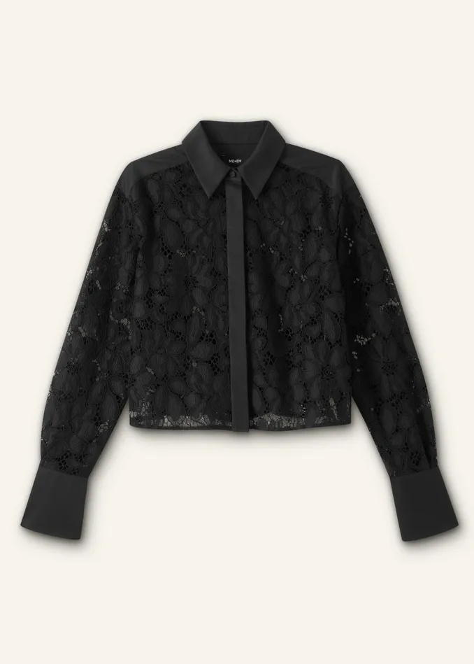 Women Guipure Lace Crop Shirt Black MEEM