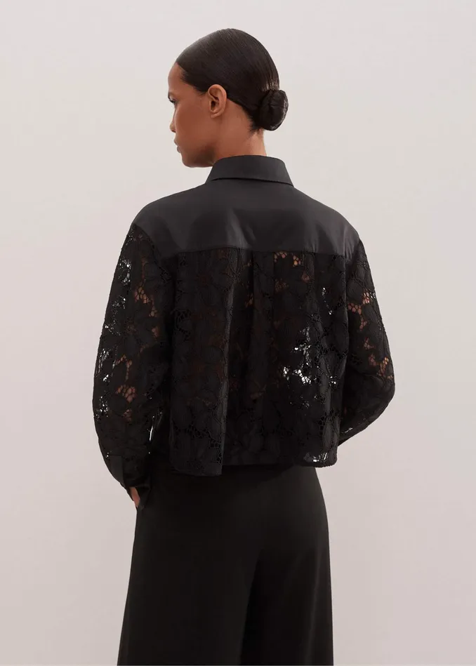 Women Guipure Lace Crop Shirt Black MEEM