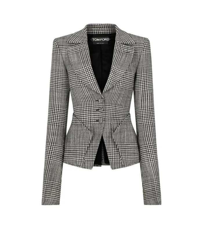 Women Jackets Tom Ford Prince Of Wales Wool Fitted Jacket Black Chalk
