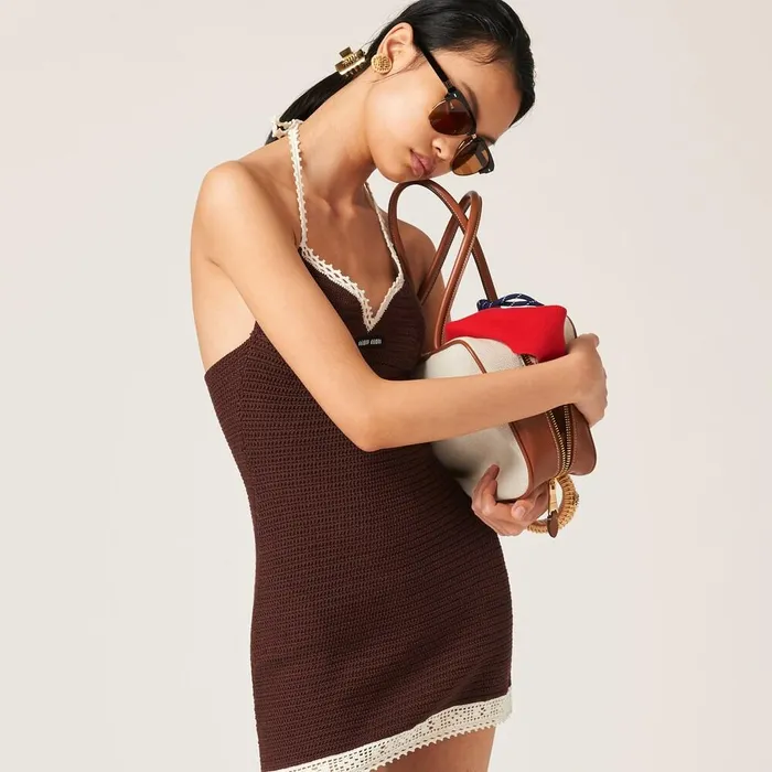 Women Knitwear Miu Miu Cotton Halter Dress Cocoaivory Women Knitwear Miu Miu Cotton Halter Dress Cocoaivory