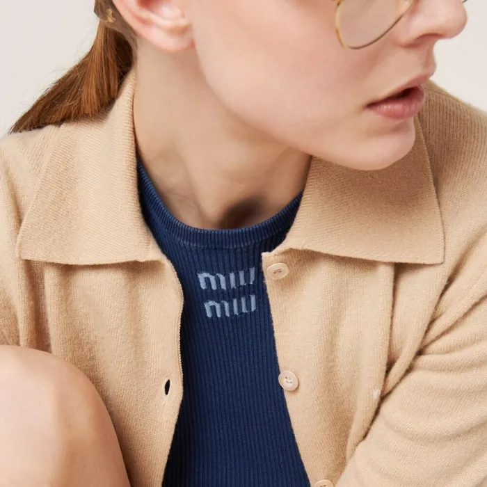Women Knitwear Miu Miu Cotton Knit Sweater Navy Women Knitwear Miu Miu Cotton Knit Sweater Navy