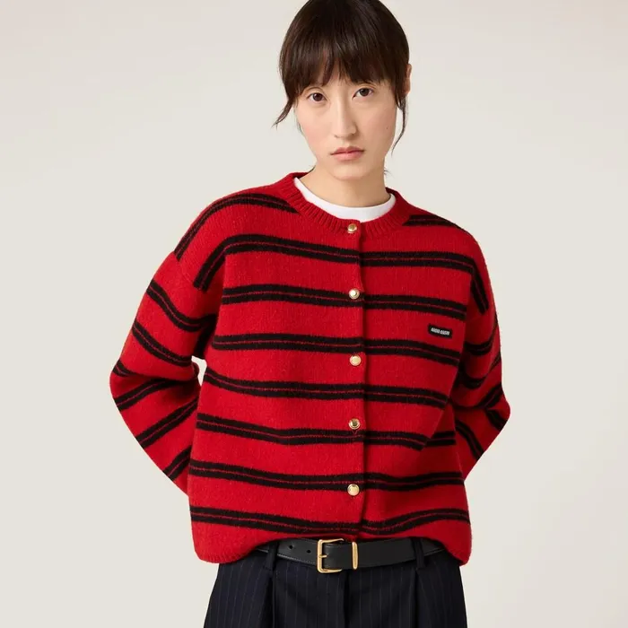 Women Knitwear Miu Miu Shetland Knit Cardigan Redblack Women Knitwear Miu Miu Shetland Knit Cardigan Redblack