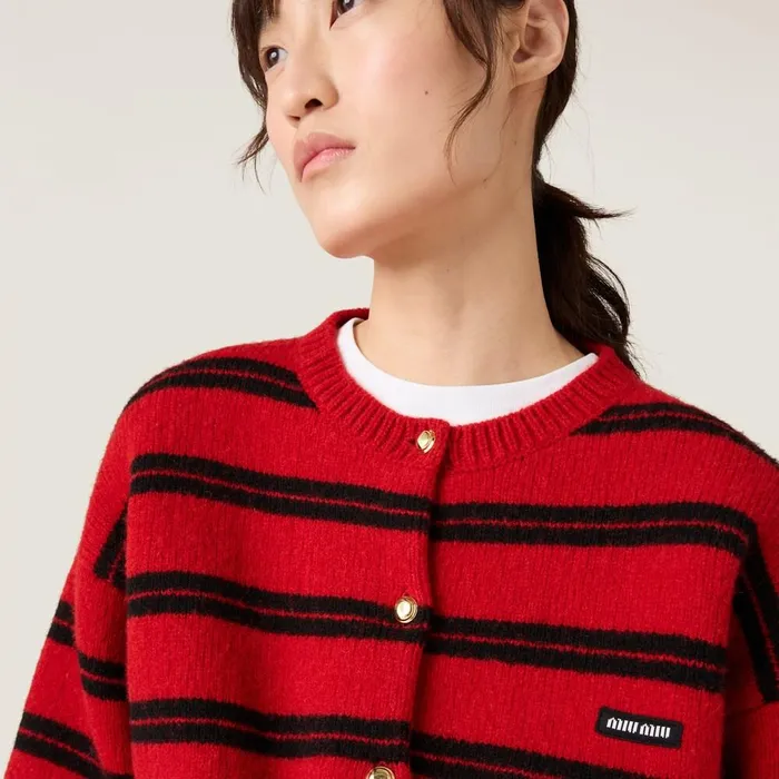 Women Knitwear Miu Miu Shetland Knit Cardigan Redblack Women Knitwear Miu Miu Shetland Knit Cardigan Redblack