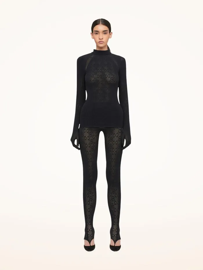 Women Leggings and Bikers Wolford Intricate Sheer Pattern Leggings Black