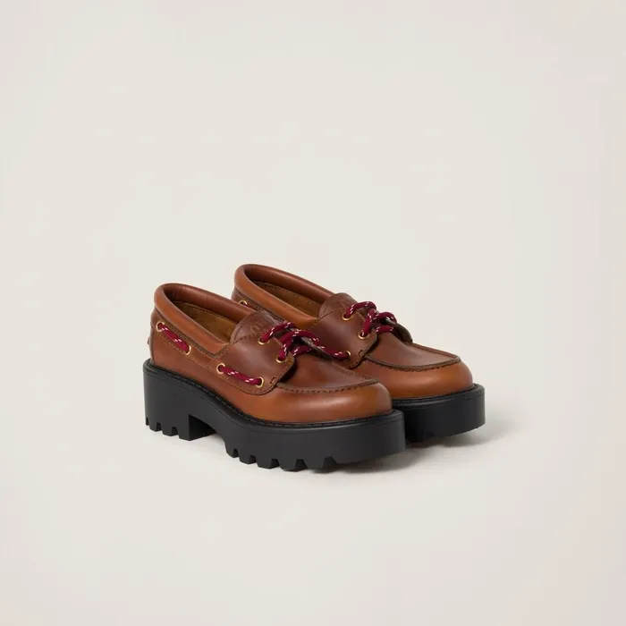 Women Loafers And LaceUps Miu Miu Leather Loafers Cognac