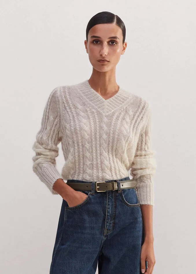 Women Lofty Cable High VNeck Sweater Creamconker MEEM