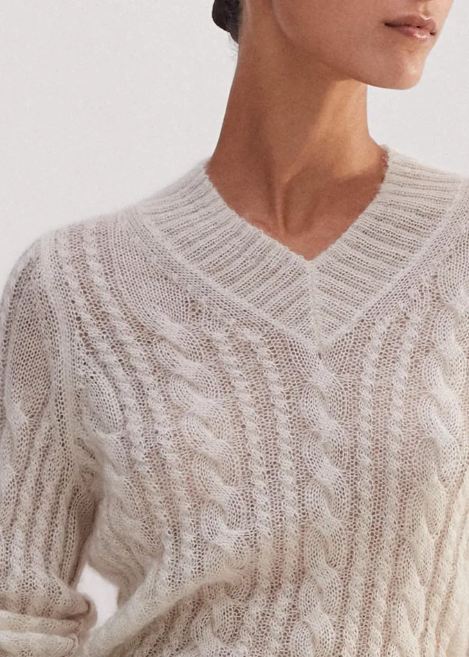 Women Lofty Cable High VNeck Sweater Creamconker MEEM