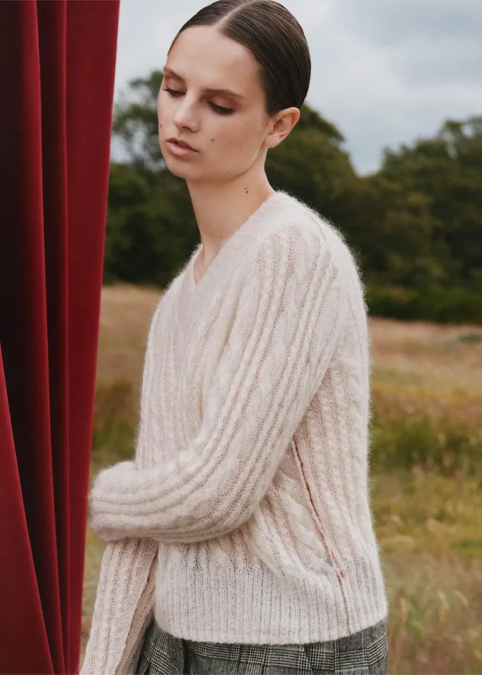 Women Lofty Cable High VNeck Sweater Creamconker MEEM