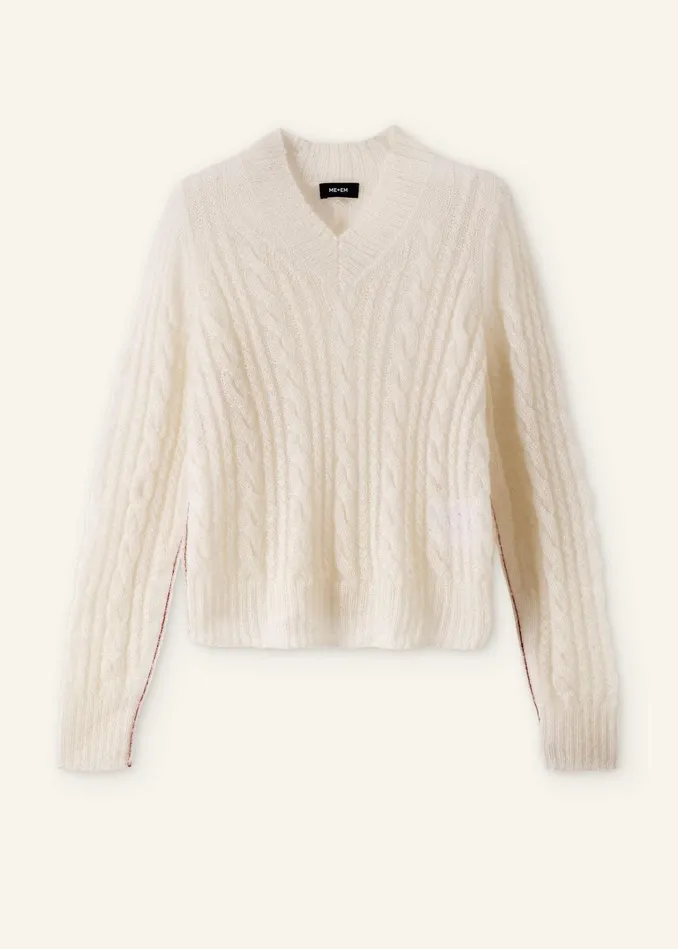 Women Lofty Cable High VNeck Sweater Creamconker MEEM