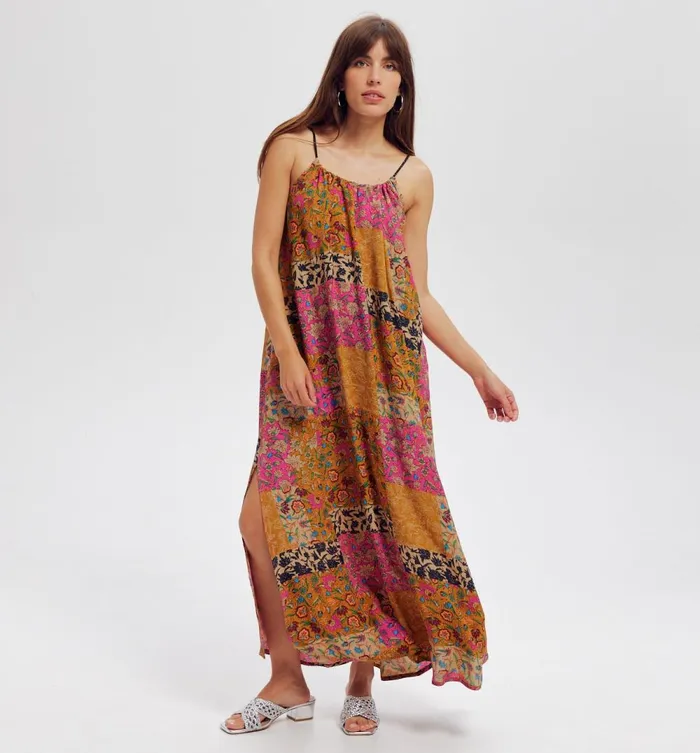 Women Long Patterned Dress 8211 Ochre Print Promod Dresses Women Long Patterned Dress 8211 Ochre Print Promod Dresses