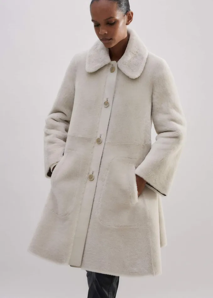 Women Luxe Shearling LeatherMix Swing Coat Natural MEEM