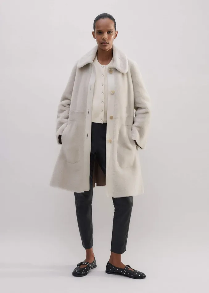 Women Luxe Shearling LeatherMix Swing Coat Natural MEEM